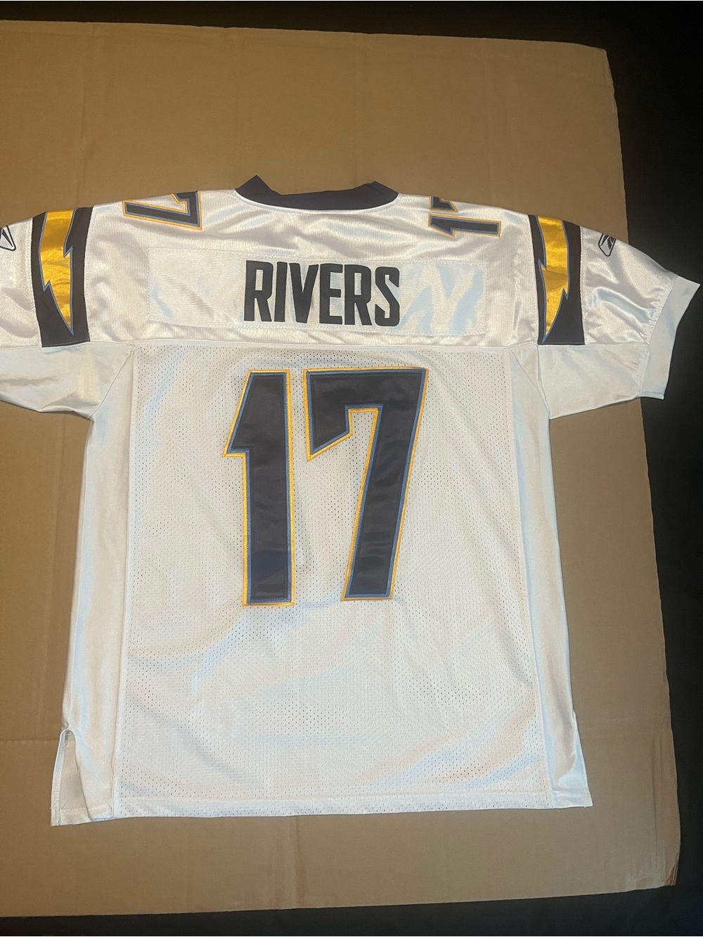 Reebok White Rivers #17 Football Jersey with Navy and Gold Accents